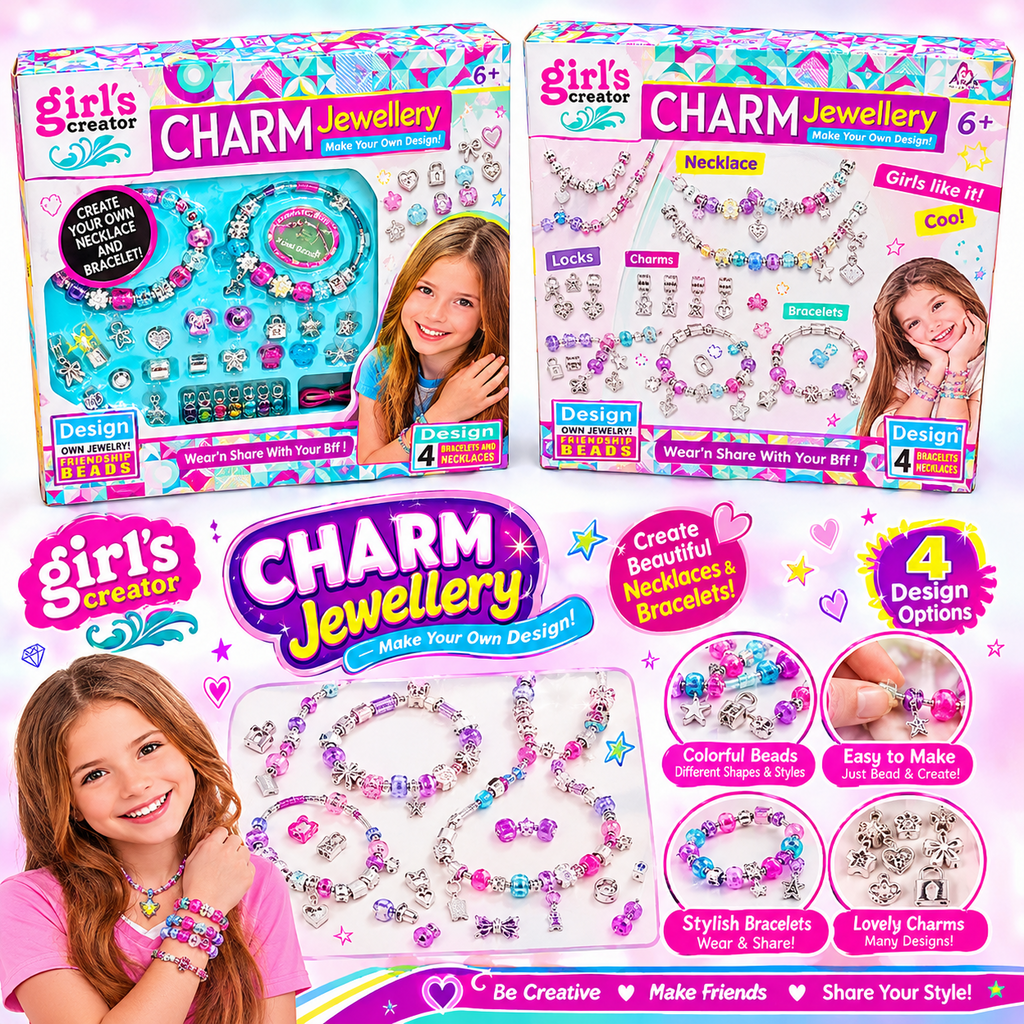 Girl's Creator Charm Jewellery promotional banner featuring both original box views and close-ups of friendship jewellery