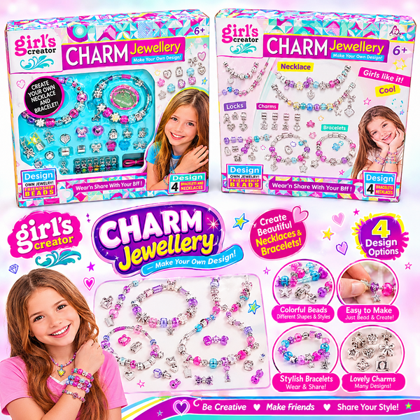Girl's Creator Charm Jewellery promotional banner featuring both original box views and close-ups of friendship jewellery