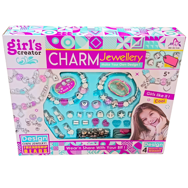 Girl's Creator Charm Jewellery original front box with beads, silver-tone charms and bracelet-making accessories