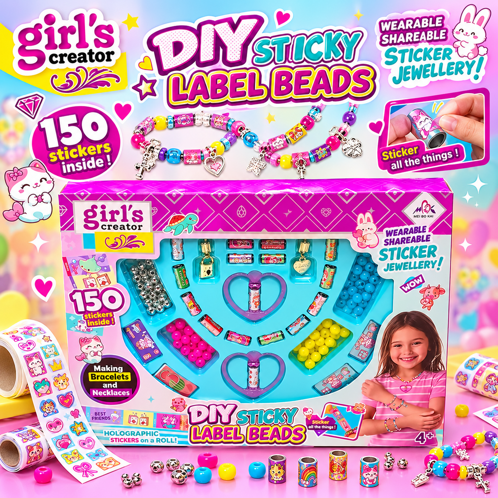 Girl's Creator DIY Sticky Label Beads product banner with front and back packaging, 150 stickers, and colourful bead jewellery