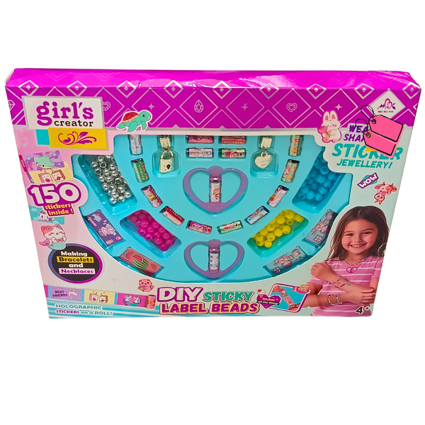 Girl's Creator DIY Sticky Label Beads kit original front packaging with 150 stickers, colourful beads and jewellery making accessories