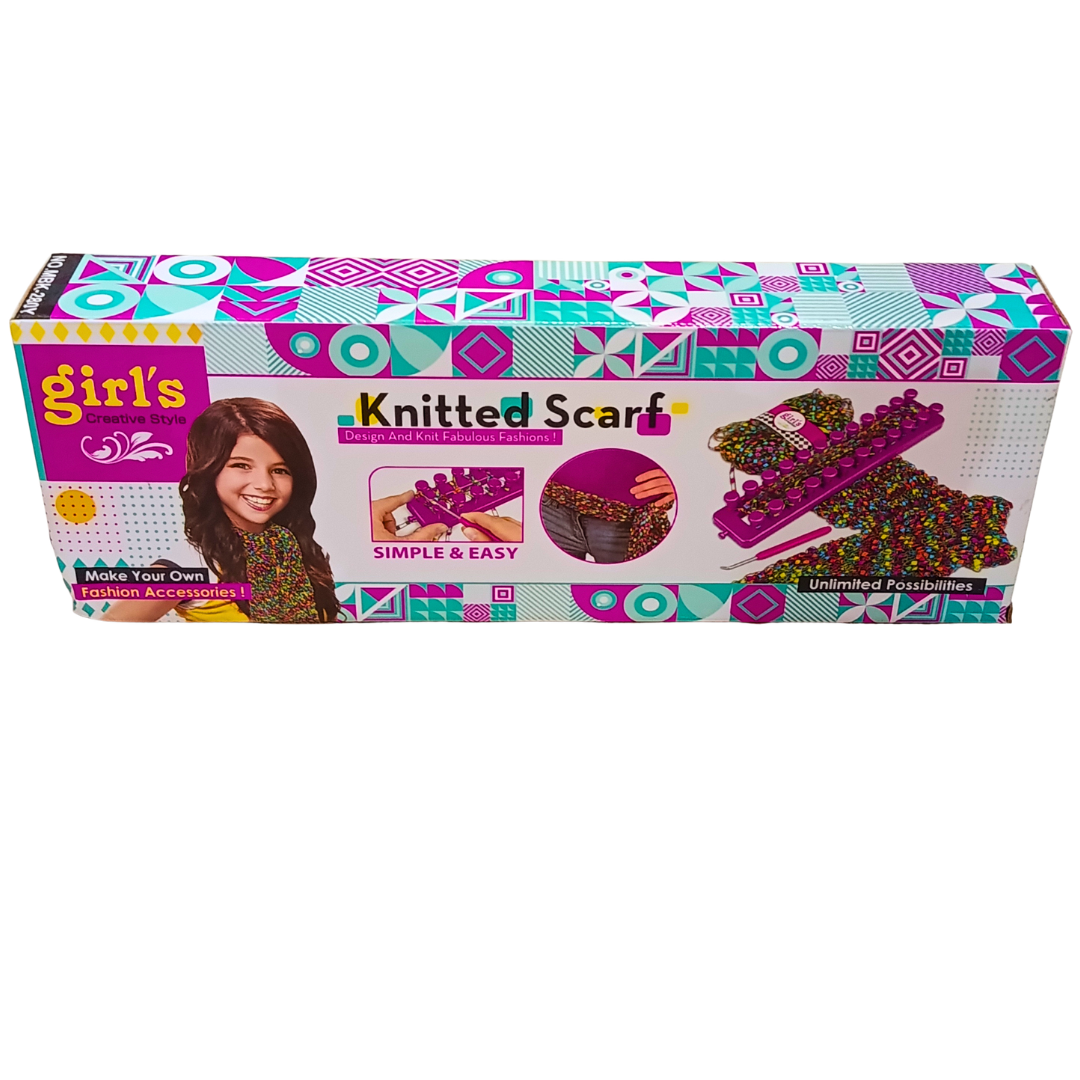 Original box back Girl's Creative Style Knitted Scarf DIY loom kit with colourful scarf and fashion accessory examples