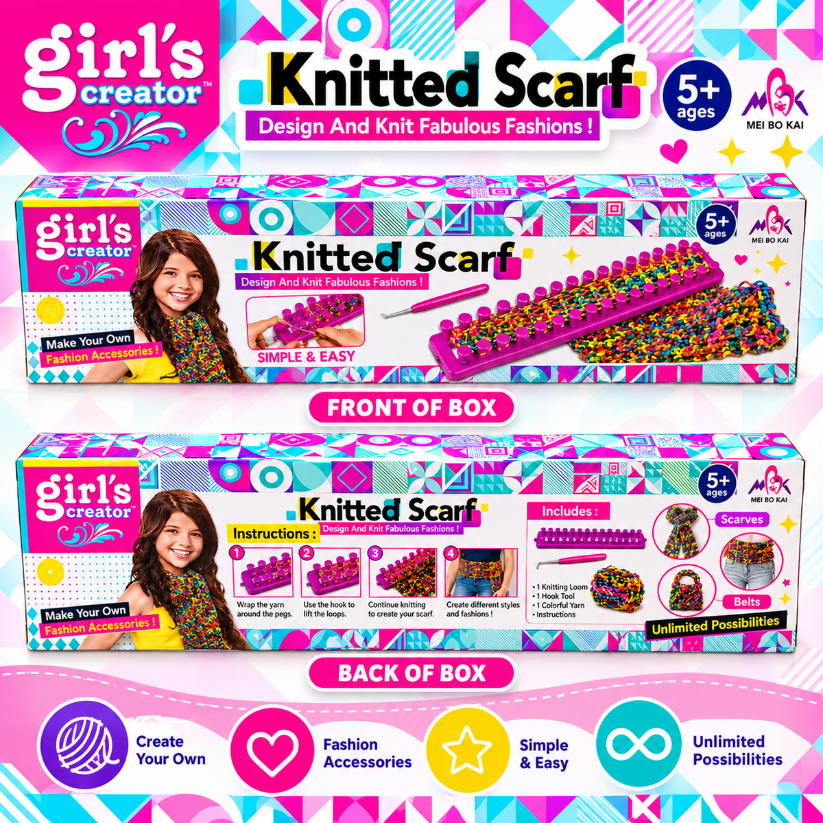 Girl's Knitted Scarf DIY loom craft kit square promotional image showing front and back packaging and illustrated knitting process