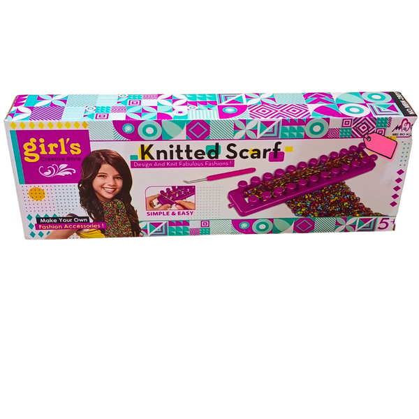 Original box front Girl's Creative Style Knitted Scarf loom knitting kit with purple loom hook and scarf illustration