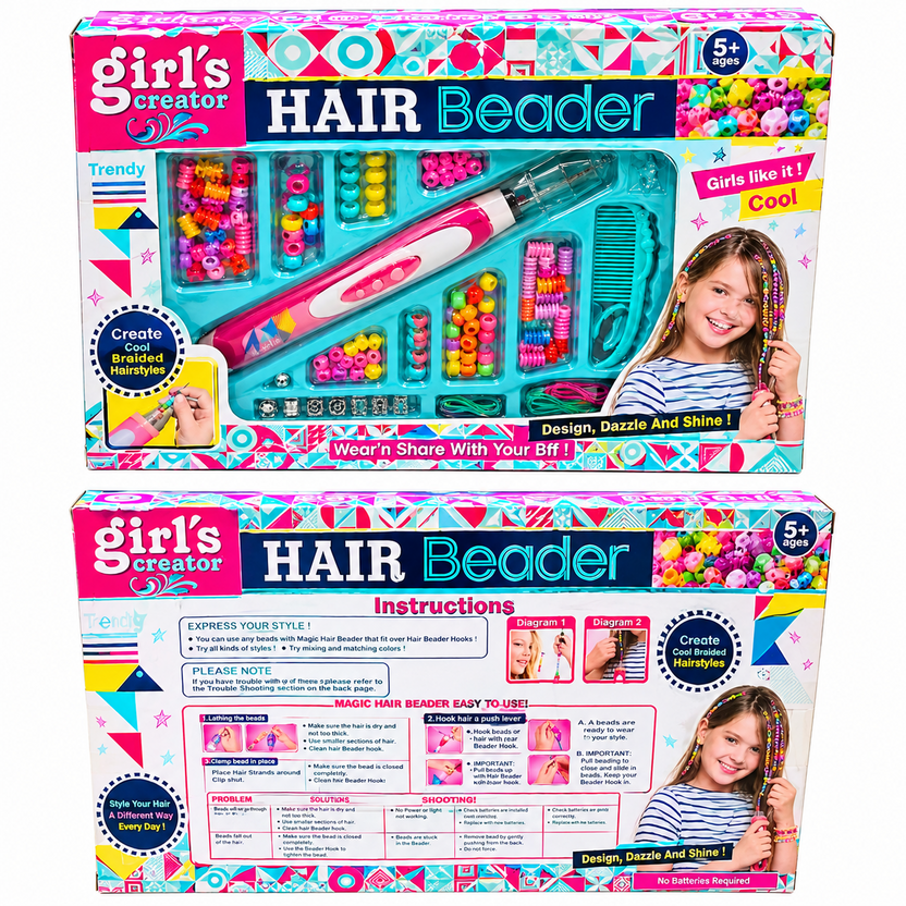 Girl's Creator Hair Beader collage showing front and back packaging, instructions and colourful bead hairstyles Main image