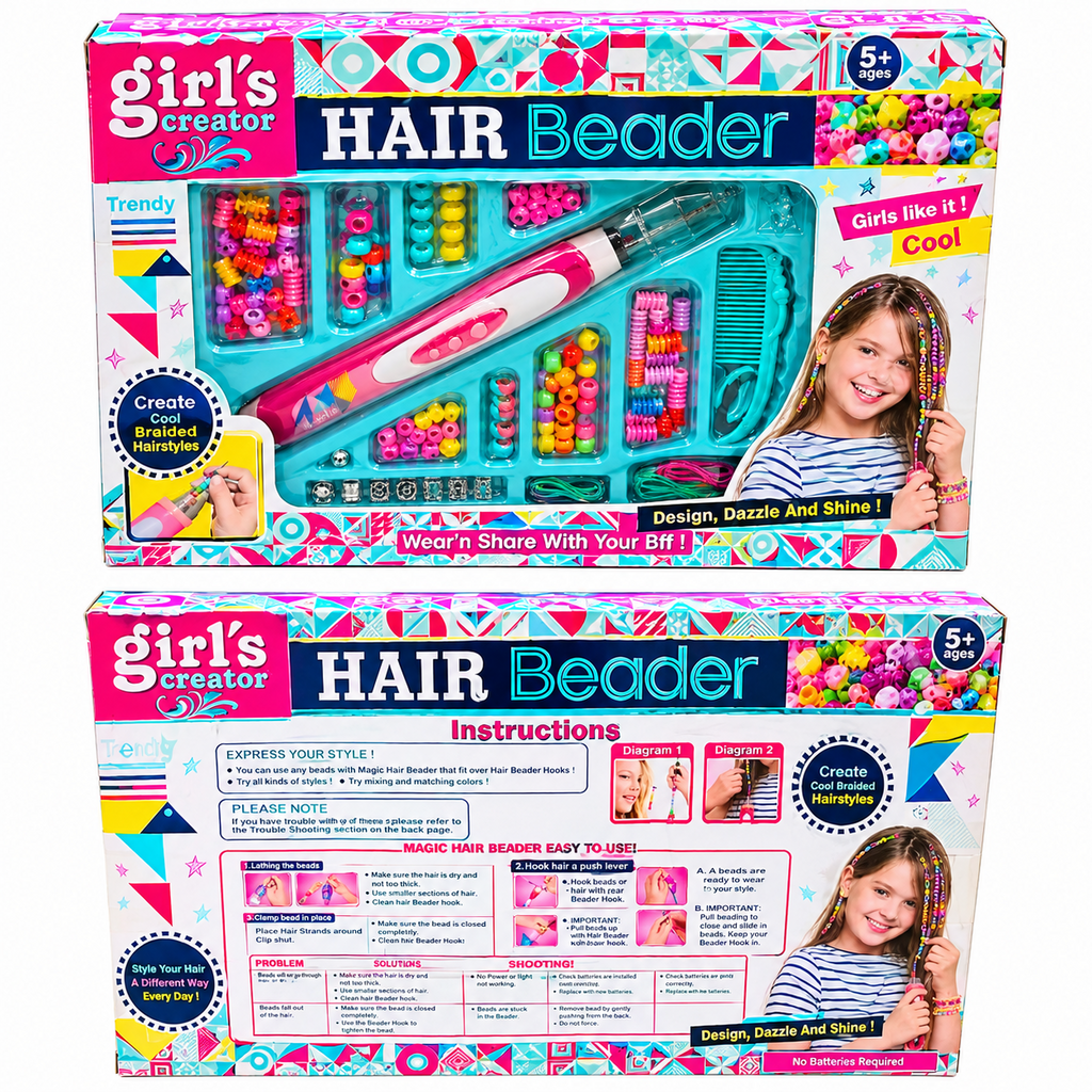 Girl's Creator Hair Beader collage showing front and back packaging, instructions and colourful bead hairstyles