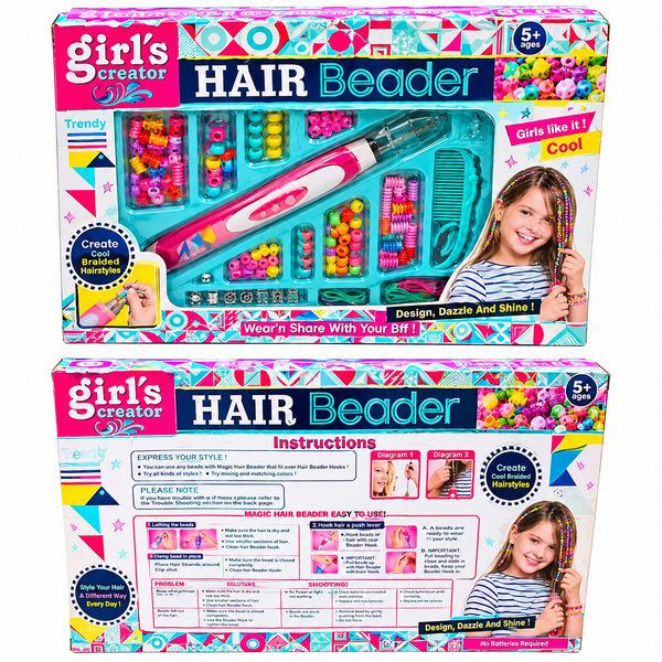 Girl's Creator Hair Beader collage showing front and back packaging, instructions and colourful bead hairstyles