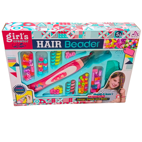 Girl's Creator Hair Beader kit original box front, hair beading tool, colourful beads, comb and accessories; ages 5+