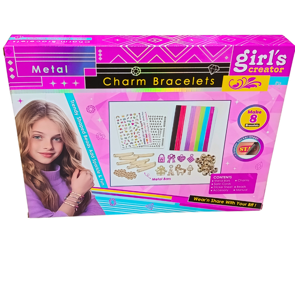 Girl's Creator DIY Charm Bracelets making kit back original packaging showing charms, beads, satin cords and stickers