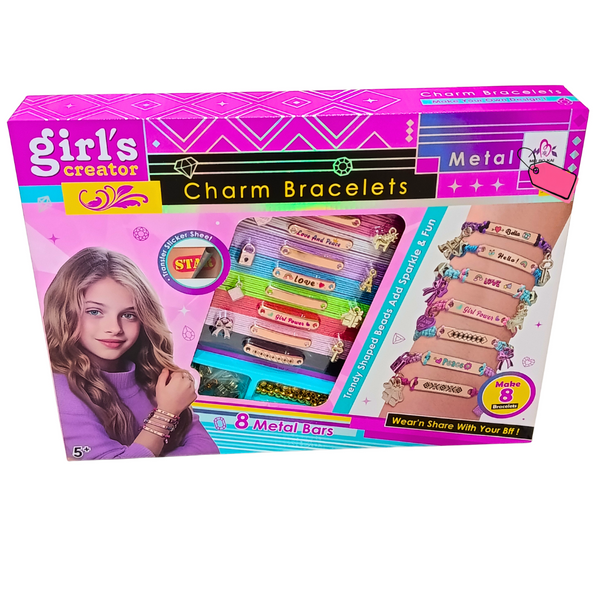 Girl's Creator DIY Metal Charm Bracelets kit front original packaging with 8 metal bars and colourful cords