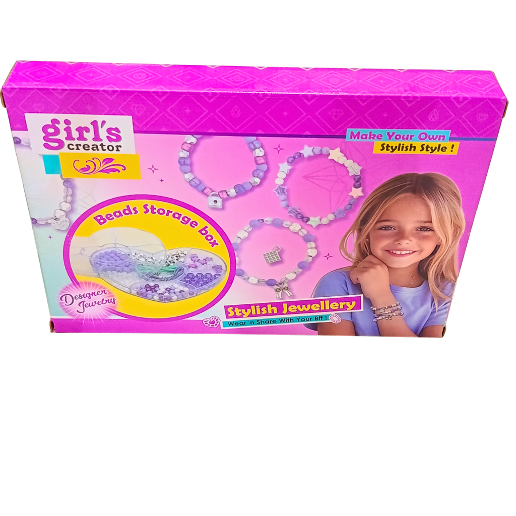 Girl's Creator Stylish Jewellery kit original rear package showing bead storage case and sample beaded bracelets