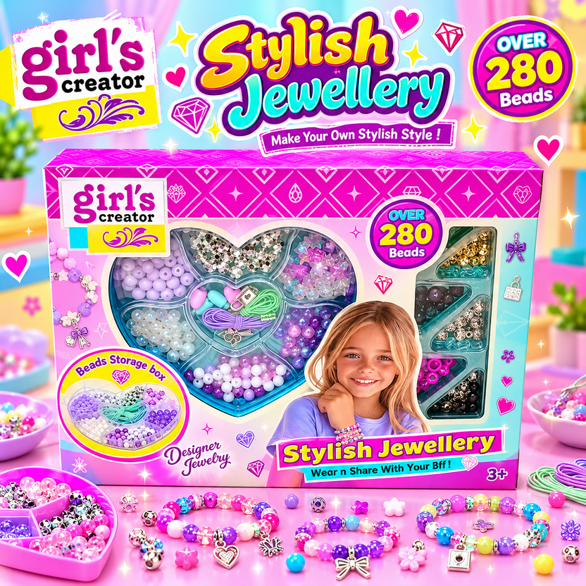 Girl's Creator Stylish Jewellery 280+ beads DIY craft set promotional banner showing heart storage organiser and original packaging Main image