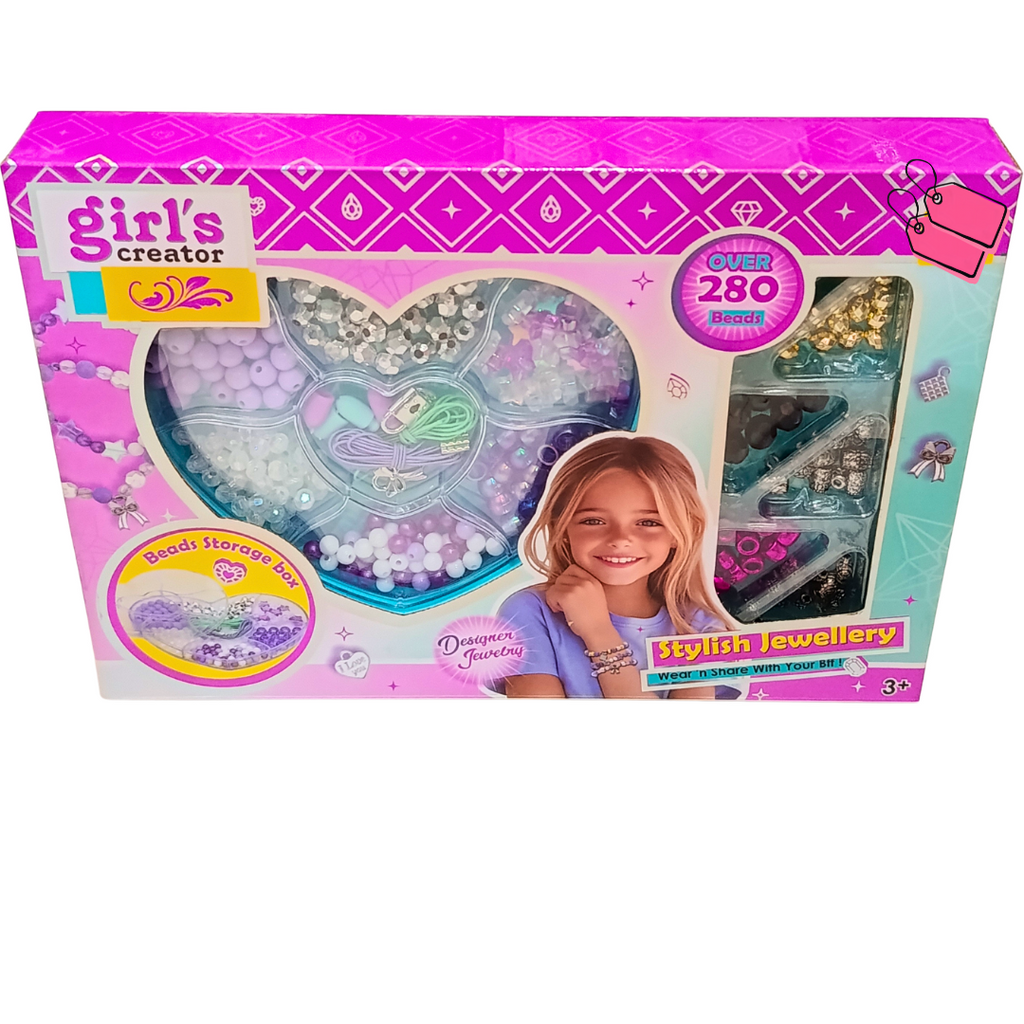 Girl's Creator Stylish Jewellery kit original front package showing over 280 beads and heart-shaped storage box