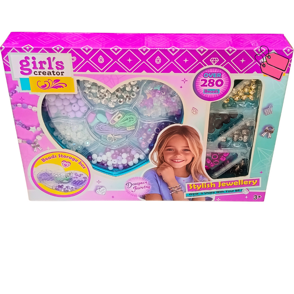 Girl's Creator Stylish Jewellery kit original front package showing over 280 beads and heart-shaped storage box