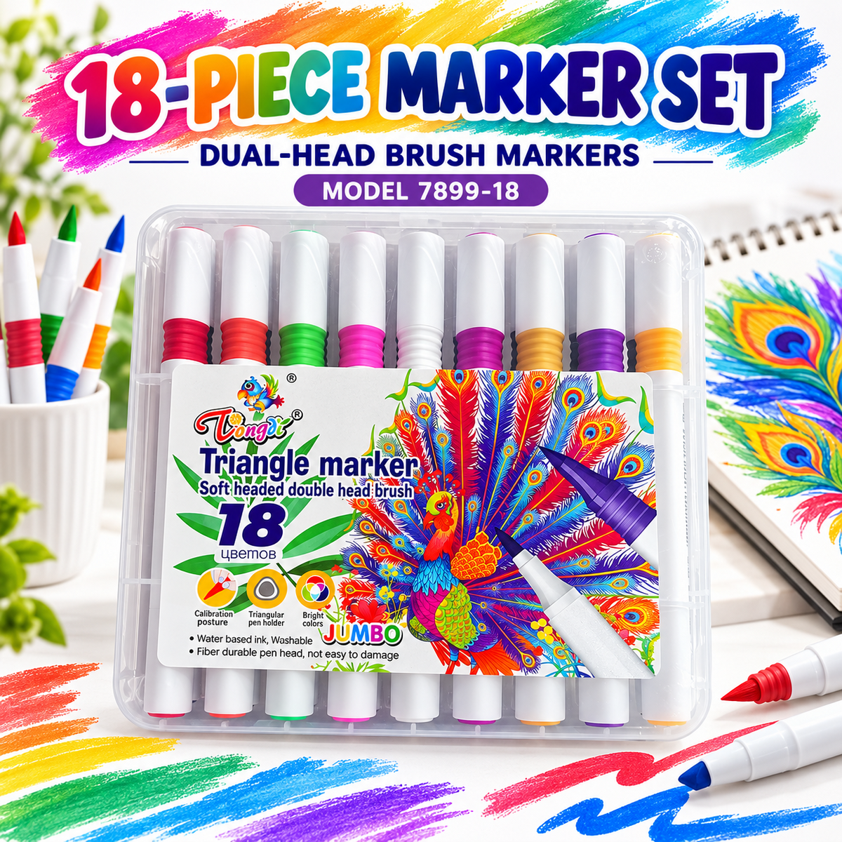 18-piece dual-head brush marker set, model 7899-18