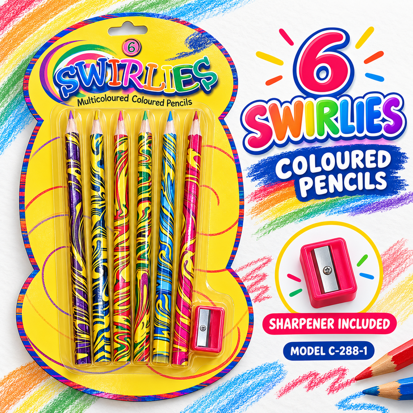 Six Swirlies multicoloured coloured pencils and included sharpener, model C-288-1 Main image