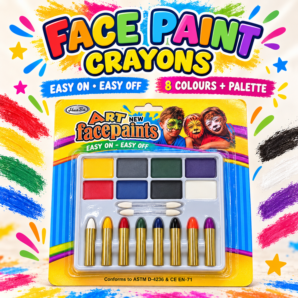 8-colour face paint crayon set with palette and applicators