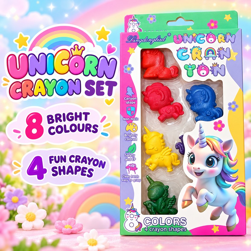 Unicorn-themed crayon set with eight colours and four cartoon shapes Main image