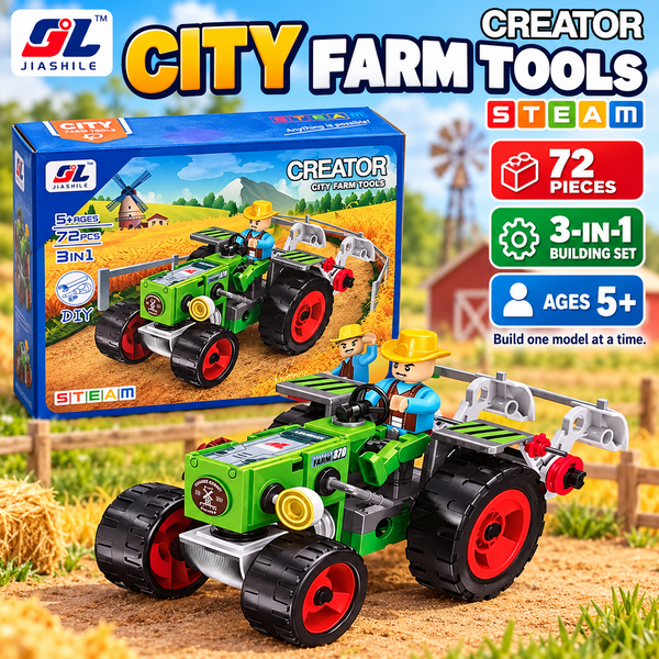 Jiashile City Farm Tools Creator 72 piece 3-in-1 farm tractor building set