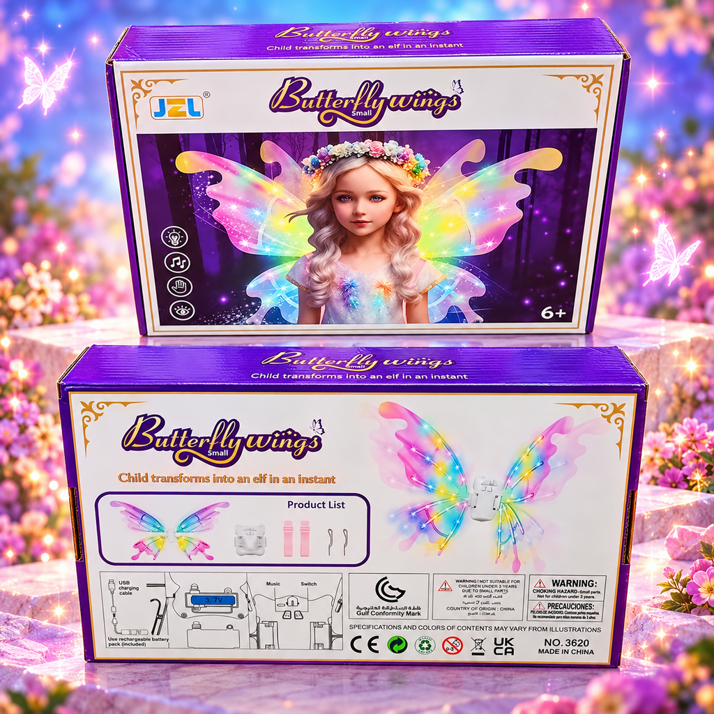 JZL Butterfly Wings Small Model 3620 promotional banner showing original front and back packaging and rainbow light-up fairy wings