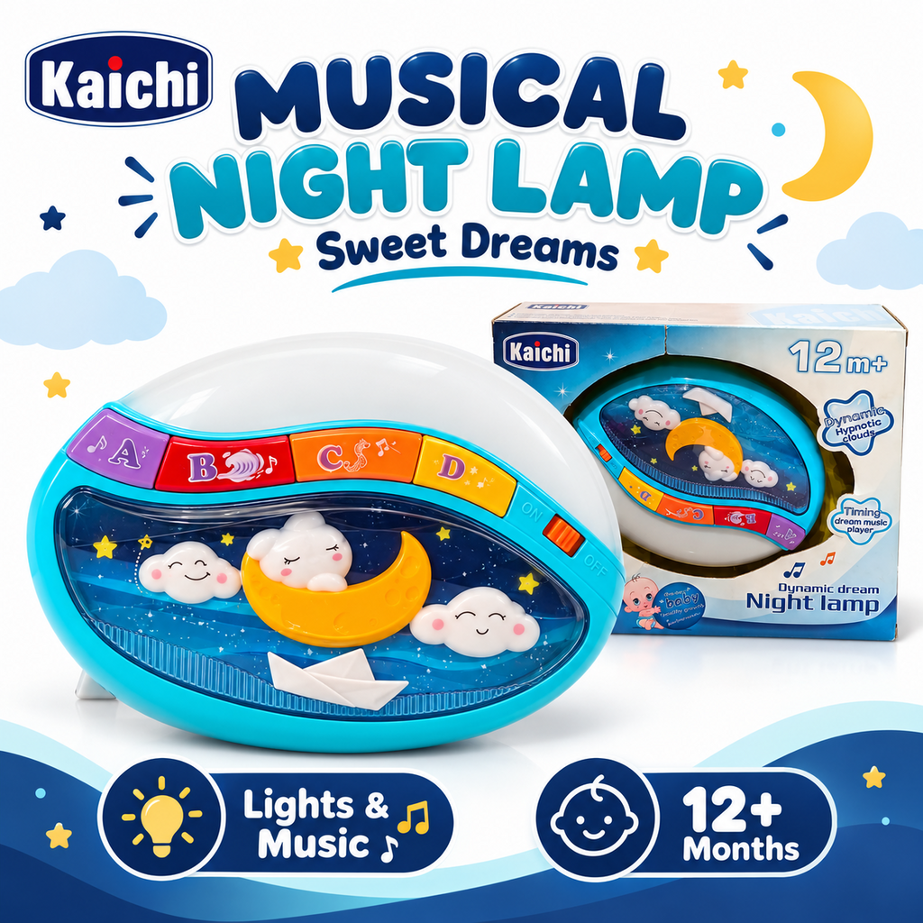 Kaichi musical night lamp Sweet Dreams product banner, moon and clouds, 12+ months