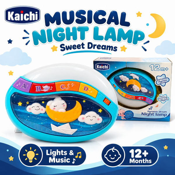 Kaichi musical night lamp Sweet Dreams product banner, moon and clouds, 12+ months