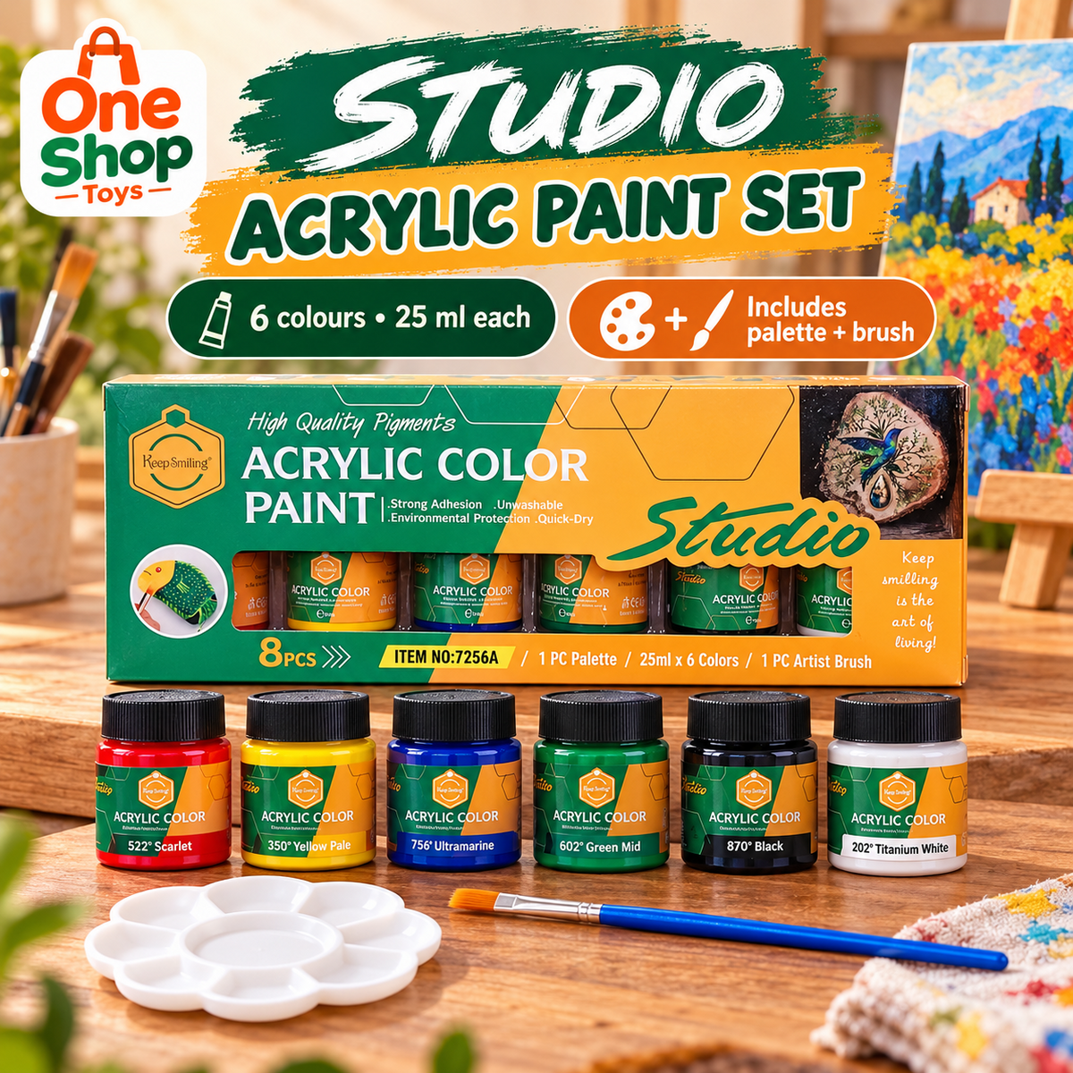 Keep Smiling Studio Acrylic Color Paint Set 6 jars 25ml each with palette and brush