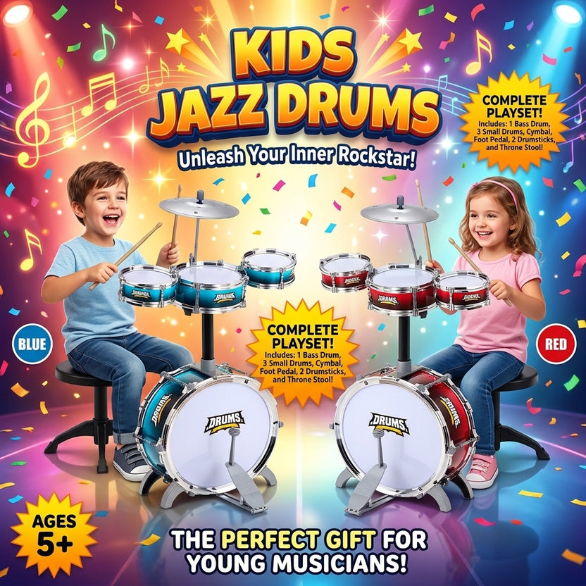 Kids jazz drums promotional image showing blue and red illustrated sets Main image
