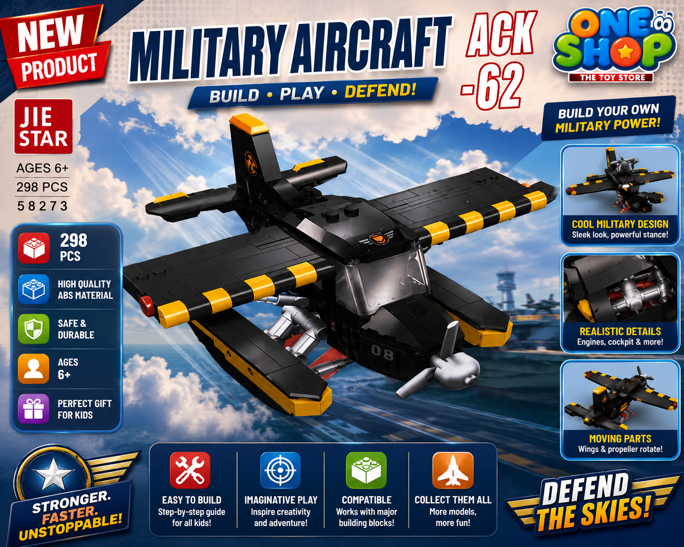 JIE STAR Military Aircraft ACK-62 Building Blocks Set – 298 PCS Airplane Construction Toy for Kids | Military Plane Brick Model | Educational STEM Aviation Toy for Boys 6+