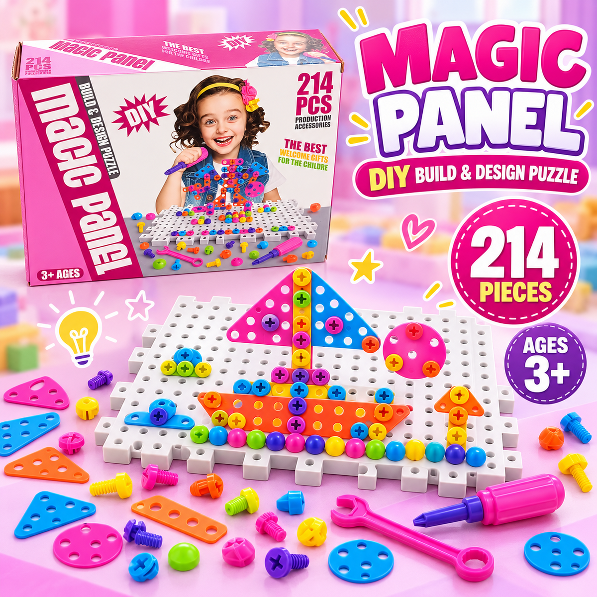 Magic Panel DIY Build and Design Puzzle 214 pieces colourful screw construction set