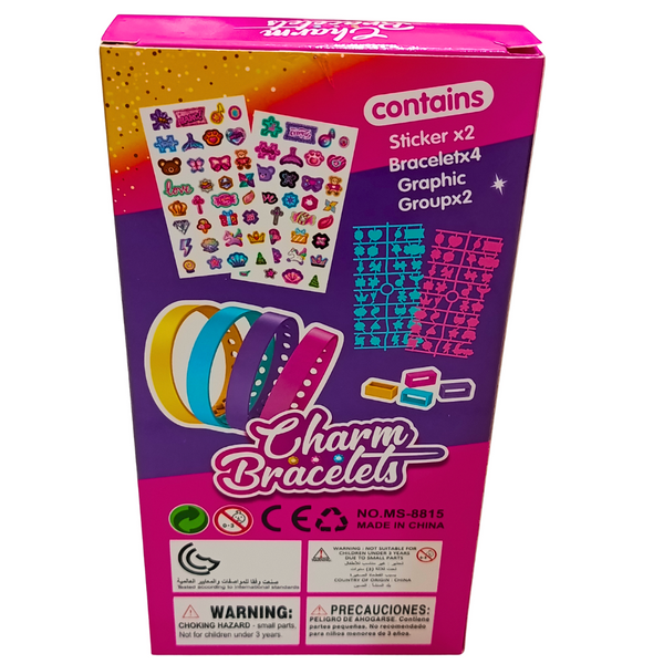Mesi Charm Bracelets MS-8815 original back packaging showing contents: 4 bracelets, 2 sticker sheets and 2 graphic charm groups