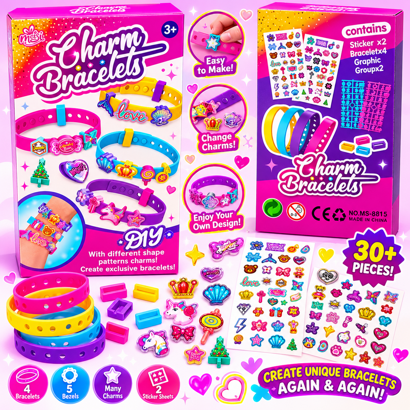 Mesi Charm Bracelets DIY kit square product banner with original front and back boxes and bracelet examples Main image