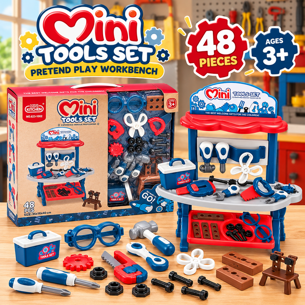 Mini Tools Set 48-piece pretend play workbench with toy tools and accessories