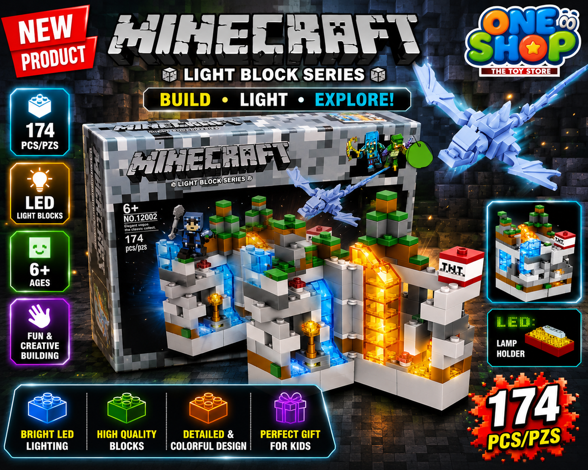 Minecraft Light Block Series LED Building Set – 174 PCS Ice & Lava Adventure Blocks Toy for Kids | Dragon & Warrior Figure Construction Set | Educational STEM Toy for Boys & Girls 6+