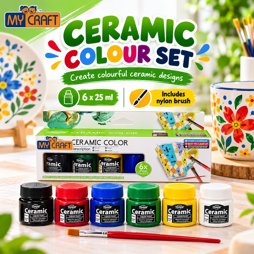 My Craft Ceramic Colour Set six 25ml jars and nylon paint brush Main image