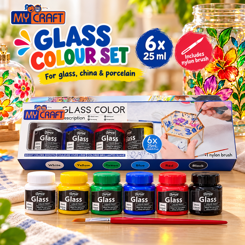My Craft Glass Colour Set six 25ml paint jars with nylon brush Main image
