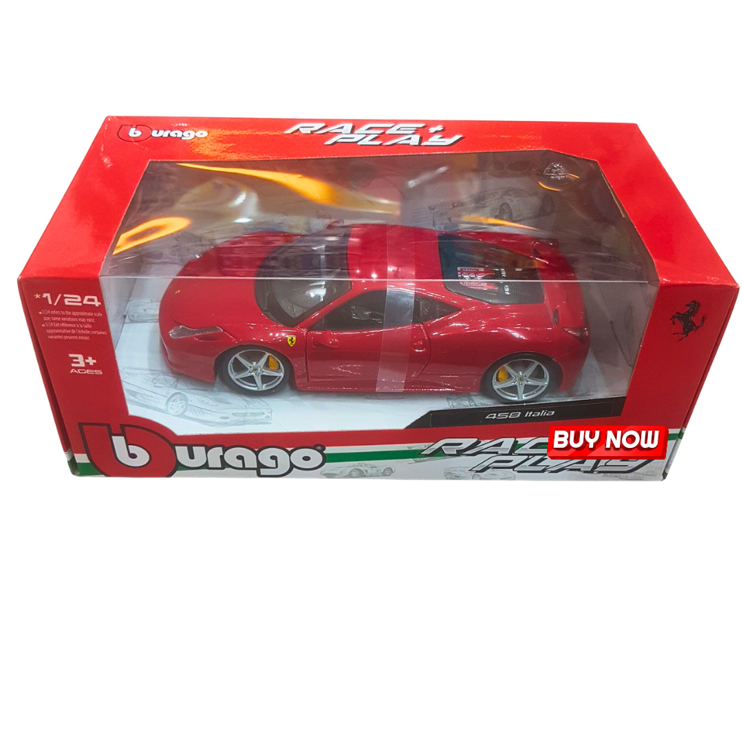 🏎️ Ferrari 458 Italia Diecast Toy Car – 1:24 Scale Red Sports Car Model by Bburago | Race & Play Series for Kids Age 3+