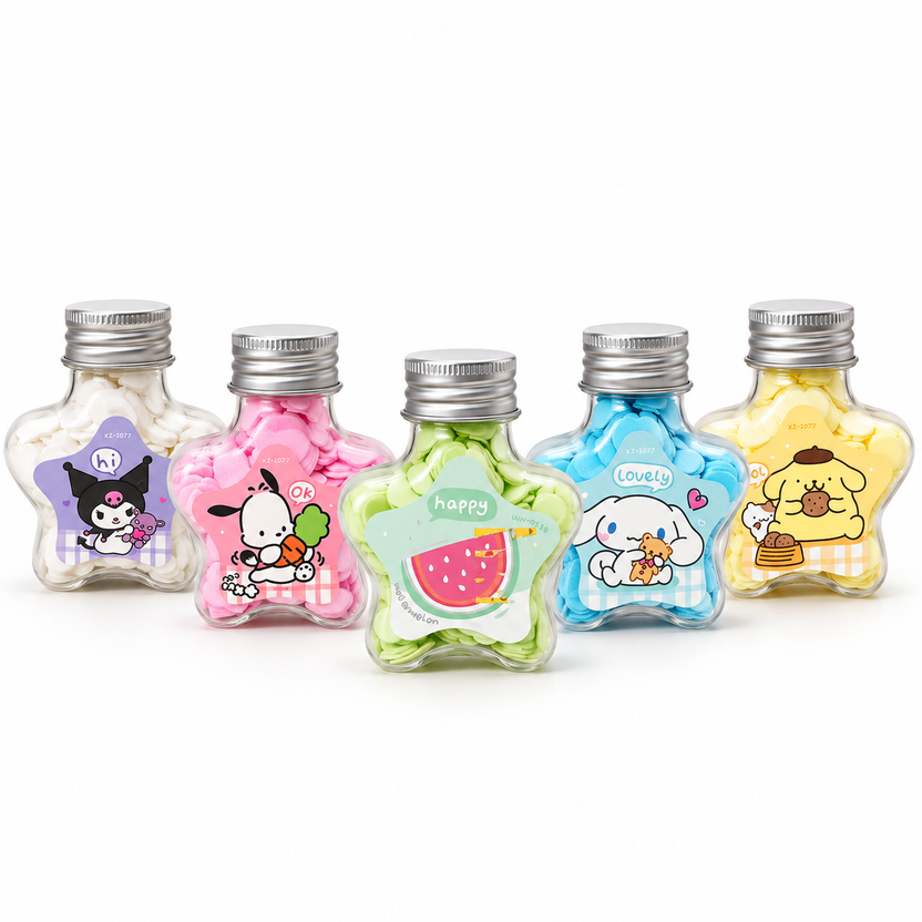 Assorted star-shaped paper soap bottles in five pastel colors Main image