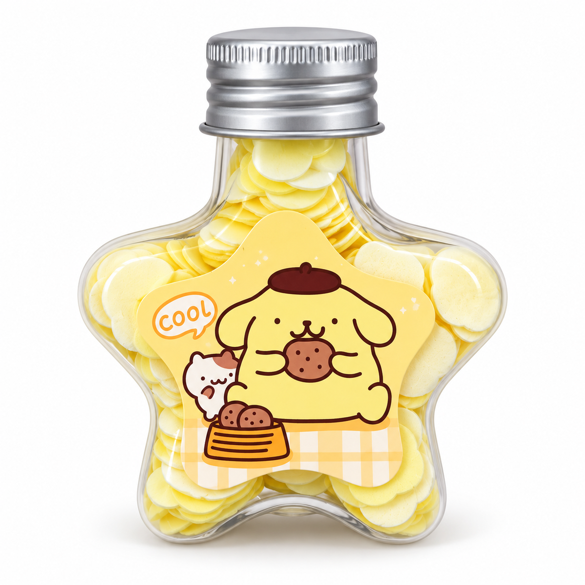 Yellow star-shaped paper soap bottle with cartoon label