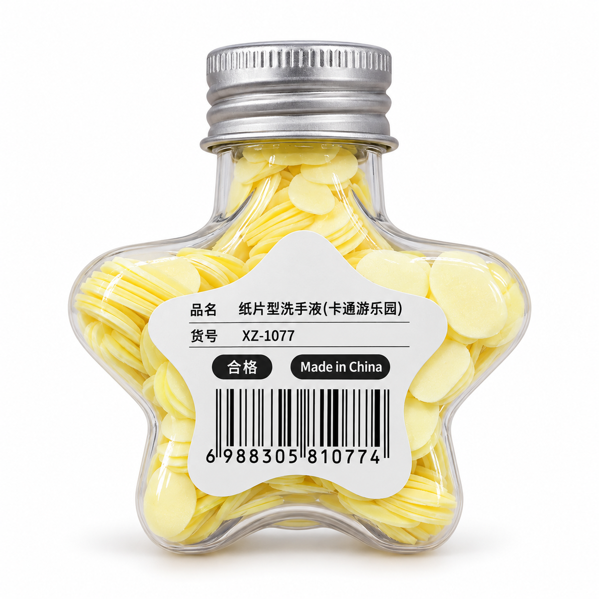 Back of paper soap bottle, model XZ-1077 and barcode 6988305810774