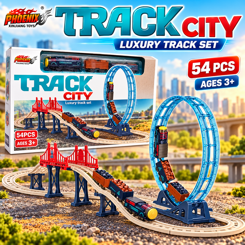 Phoenix Track City Luxury Track Set 54 pieces with blue loop and red bridge Main image