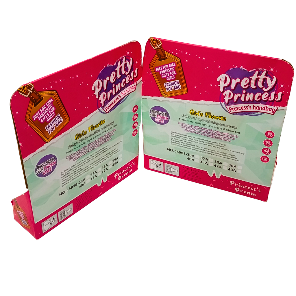 Original back boxes of Pretty Princess magic wand and handbag sets, model 55998-36A, showing safety and battery information