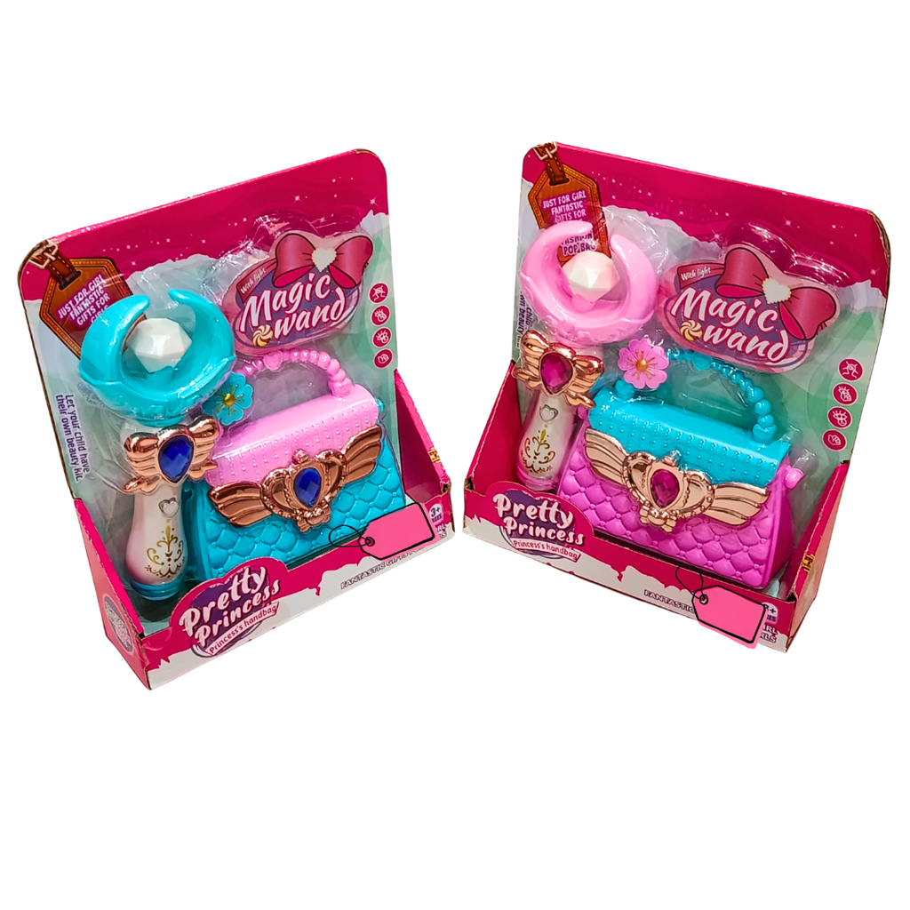 Original front boxes of Pretty Princess Magic Wand and princess handbag play set in blue and pink separately sold colours