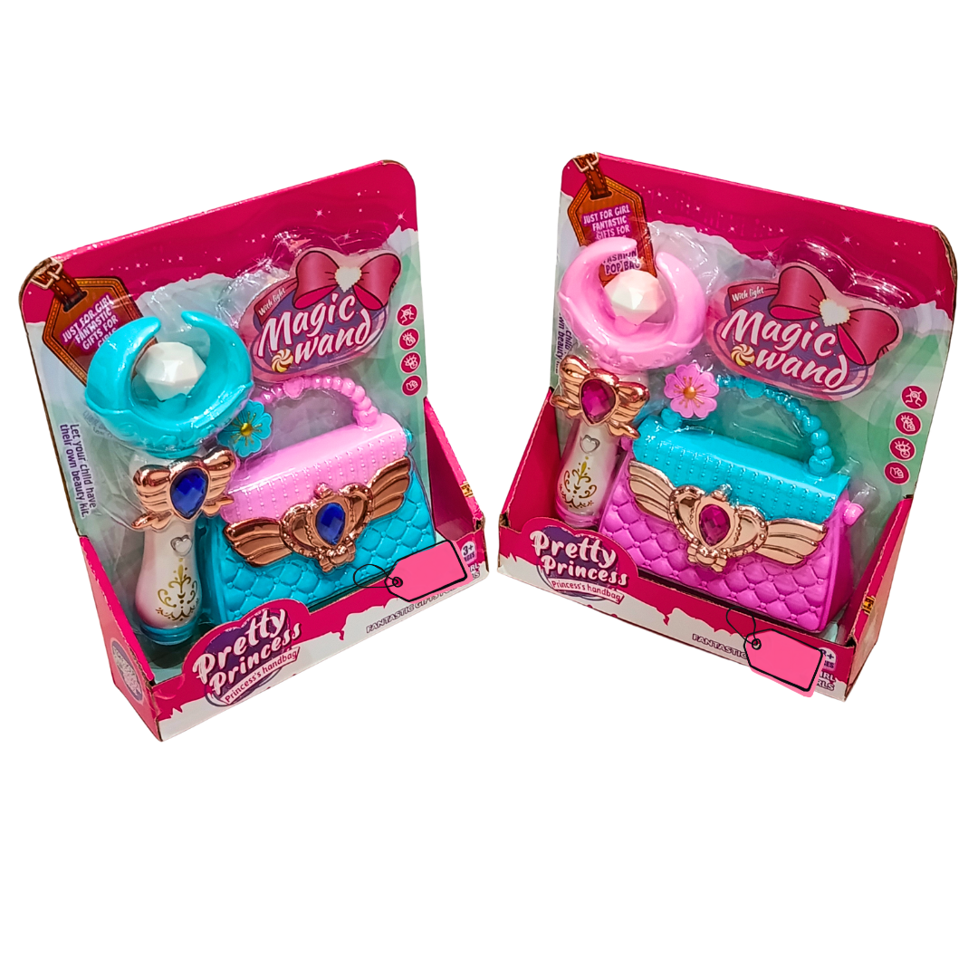 Original front boxes of Pretty Princess Magic Wand and princess handbag play set in blue and pink separately sold colours