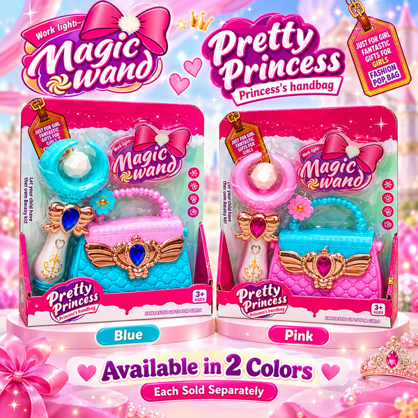 Pretty Princess magic wand and mini handbag play set shown in blue and pink; each boxed colour sold separately