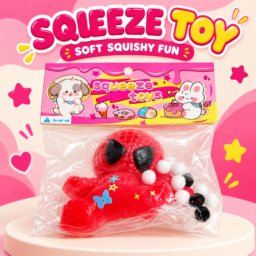 Red spider-style cartoon character squishy in packaging Main image
