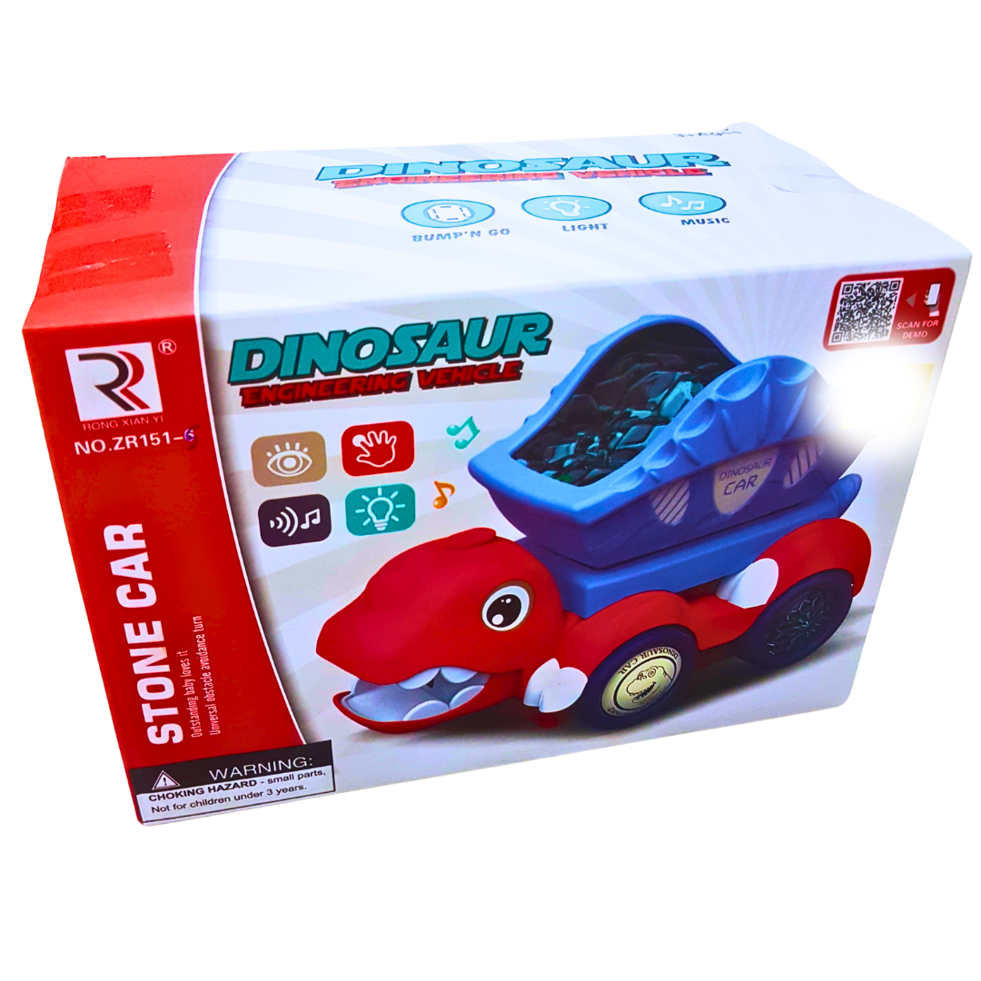 Dinosaur Engineering Vehicle Stone Car – Interactive Bump & Go Dino Dump Truck with Lights and Music for Kids 3+