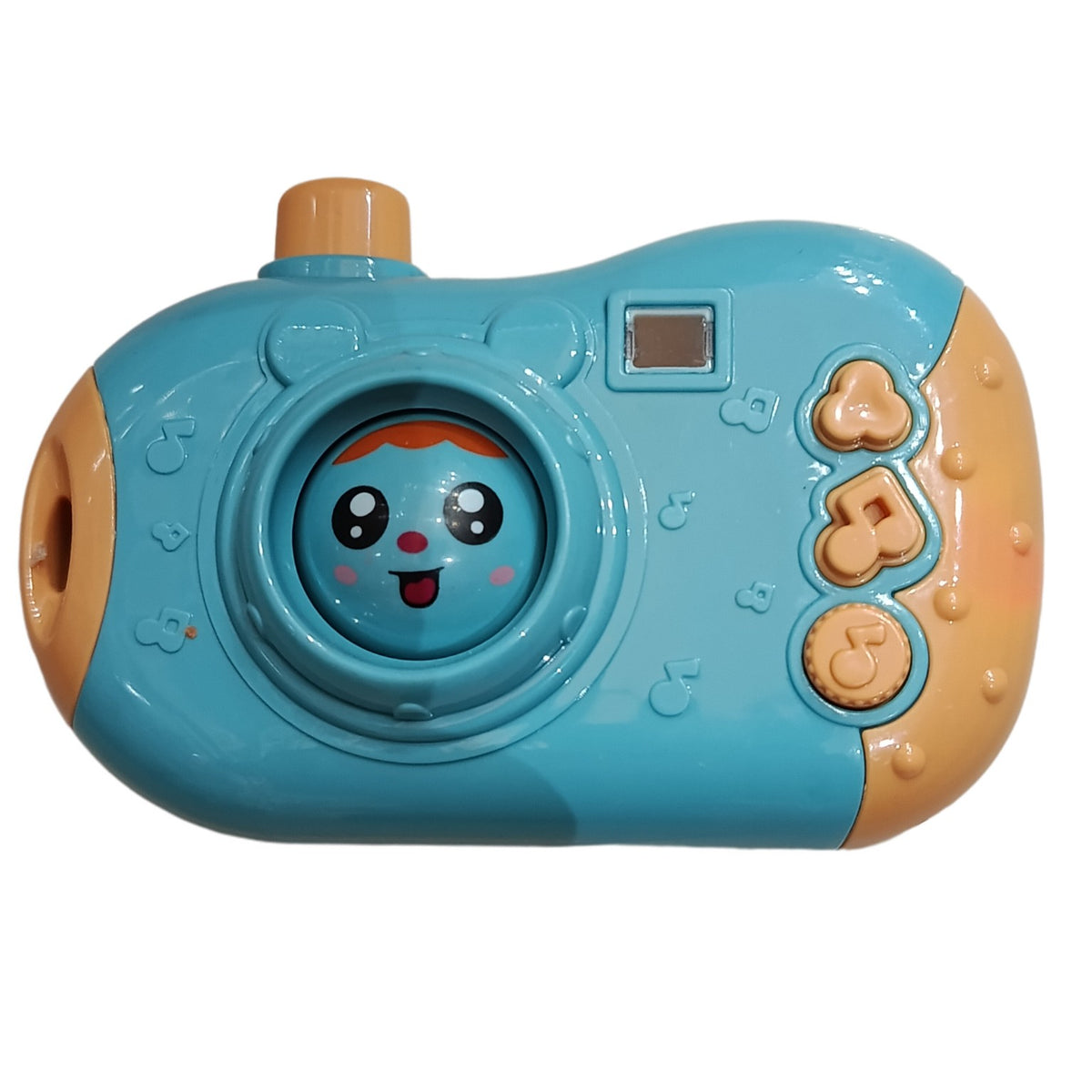 Turquoise kids toy camera with music buttons