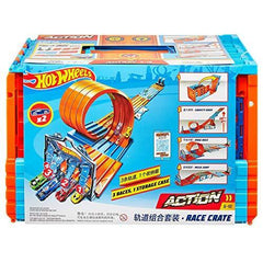 Hot Wheels Toy Car Track Set, Race Crate Transforms Into 3 Builds, Includes Storage & 2 Cars in 1:64 Scale