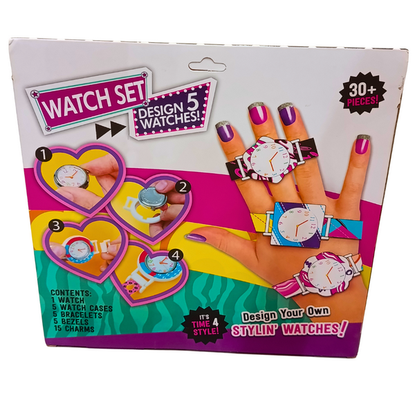 Stylin' Watches DIY watch-making set original back box listing one watch, five cases, five bracelets, five bezels and fifteen charms